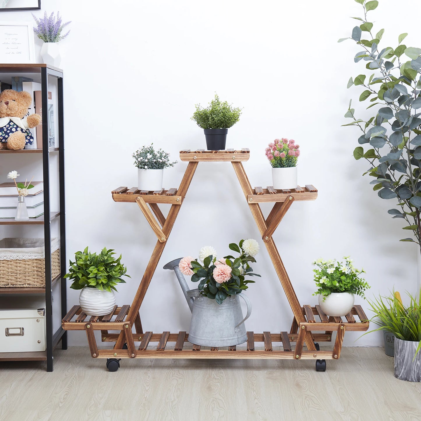 Triangular Six Pot Plant Shelf On Wheels Carbonized Wood Garden Plant Stand Display Rack-A