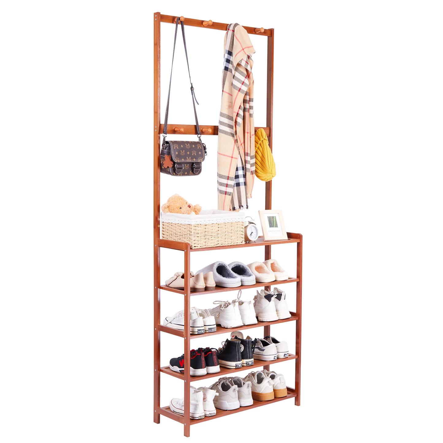 Coat Rack And Shoe Bench 3 In 1 Hall Tree With Vintage Bamboo MDF Finish For Entryway And 4 Tier Shoe Storage-A