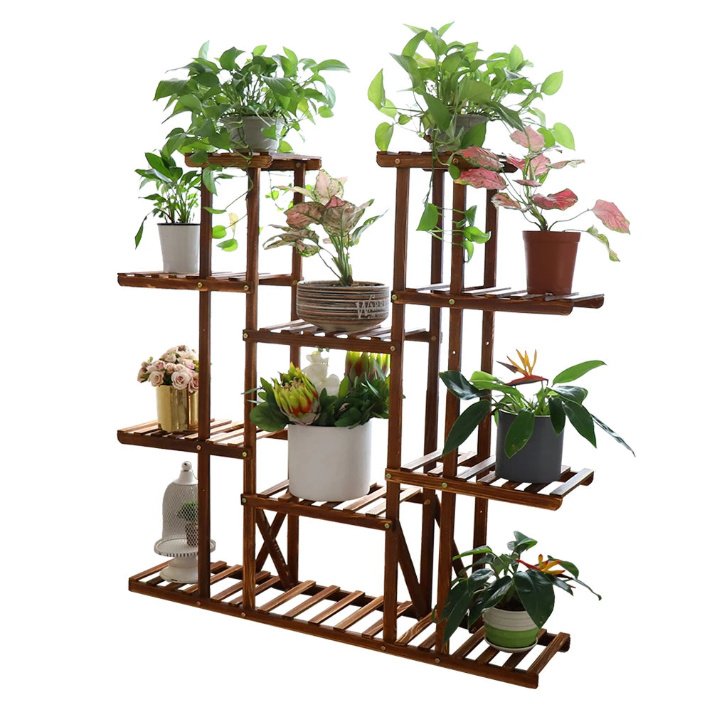 UNHO 46 Inch Multi Tier Plant Stand Wood Flower Rack 16 Pot Display Shelves Indoor Outdoor Patio Garden-A