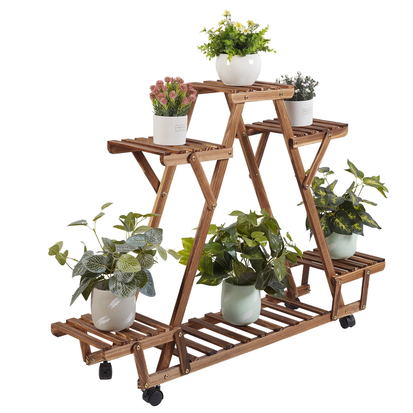 Triangular Six Pot Plant Shelf On Wheels Carbonized Wood Garden Plant Stand Display Rack-A