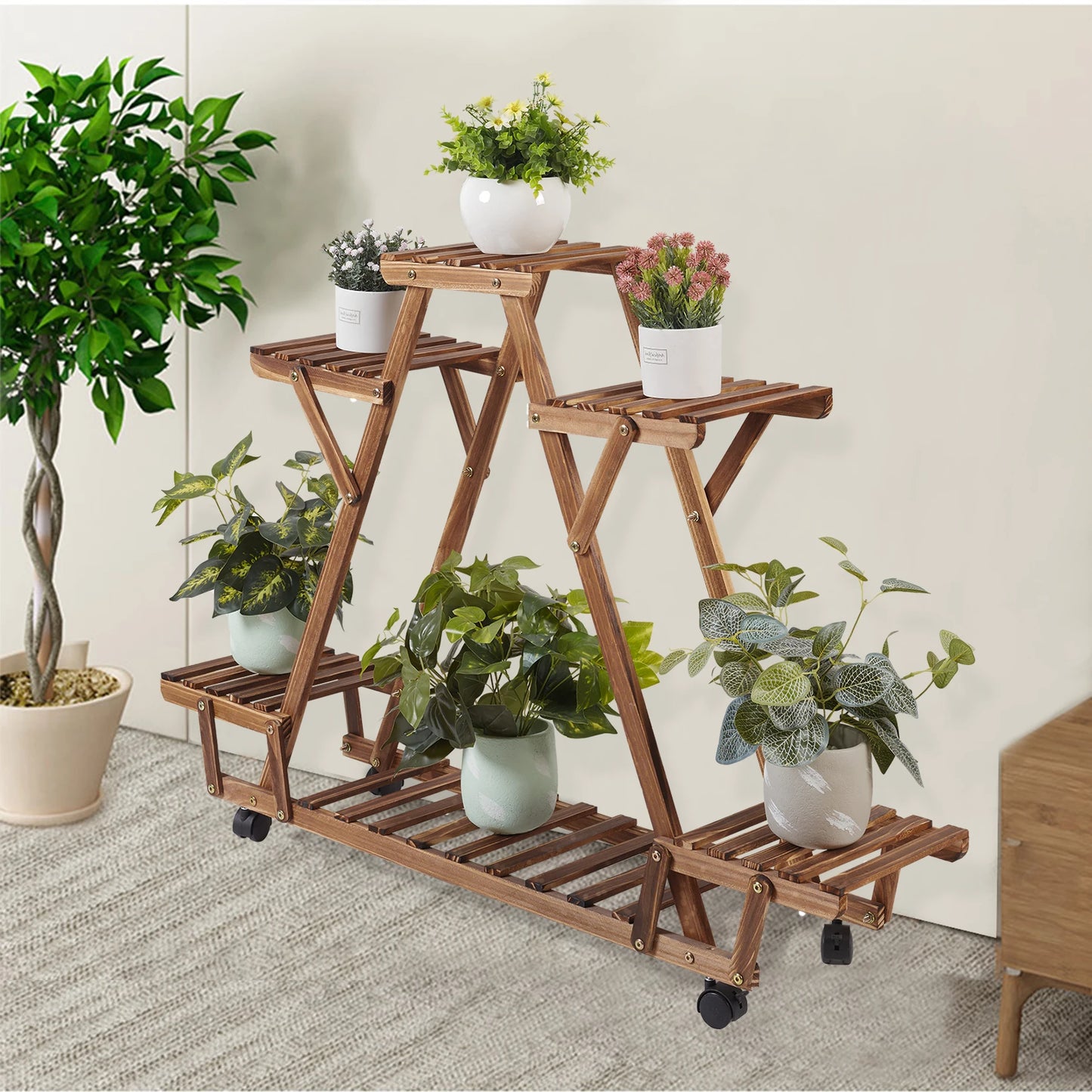 Triangular Six Pot Plant Shelf On Wheels Carbonized Wood Garden Plant Stand Display Rack-A