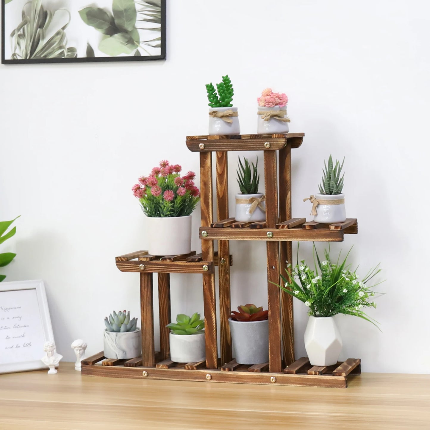 Carbonized Wood Plant Stand Four Tier Succulent Rack Mini Desktop Plant Holder for Outdoor Balcony Garden-A