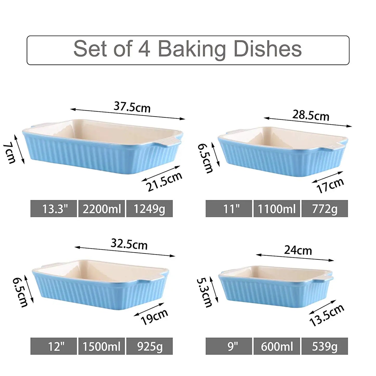 MALACASA 4 Piece Ceramic Bakeware Set With Handles For Lasagna Oven Safe Dishes Durable Eco Friendly Kitchenware-A