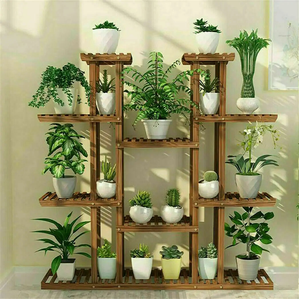 UNHO 46 Inch Multi Tier Plant Stand Wood Flower Rack 16 Pot Display Shelves Indoor Outdoor Patio Garden-A