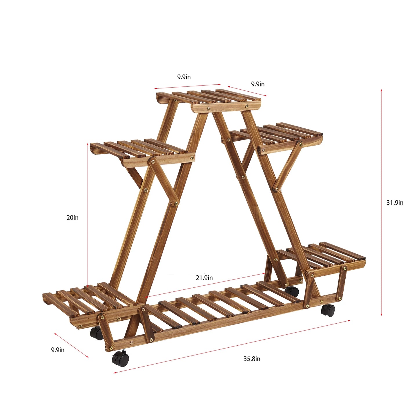Triangular Six Pot Plant Shelf On Wheels Carbonized Wood Garden Plant Stand Display Rack-A