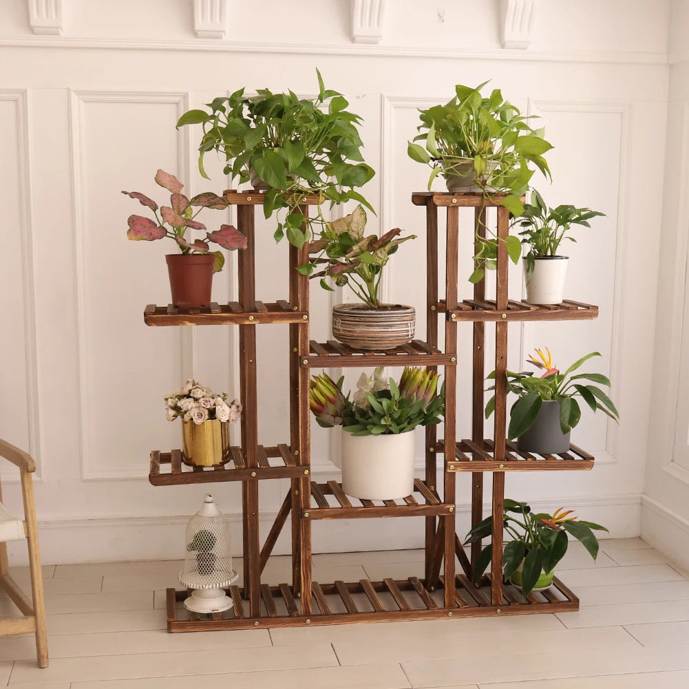 UNHO 46 Inch Multi Tier Plant Stand Wood Flower Rack 16 Pot Display Shelves Indoor Outdoor Patio Garden-A
