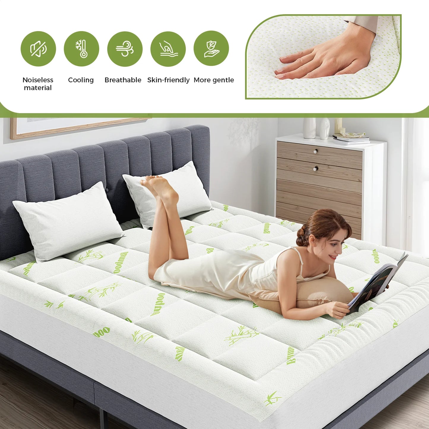 JHK Bamboo Fiber Mattress Topper With Deep Pockets Non Slip Secure Fit For Comfort Sleep-A