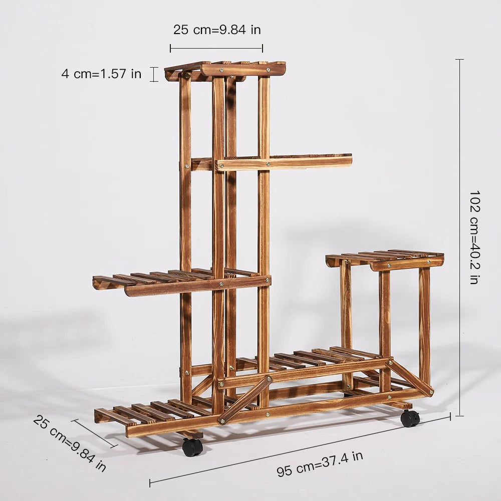 Wisfor 5 Tier Wooden Plant Stand On Wheels for Indoor and Outdoor Use Mobile Garden Display-A