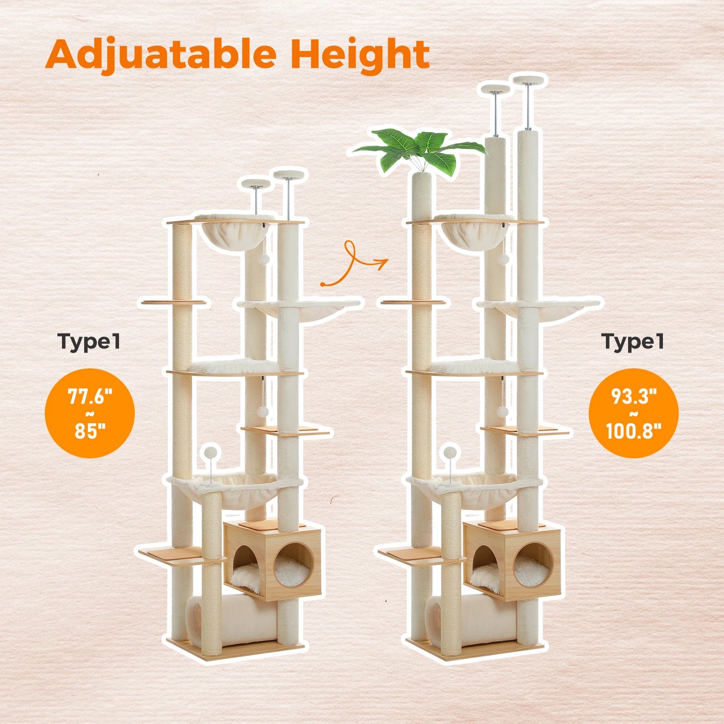 PAWZ Road Height Adjustable Wooden Cat Tree With Large Hammock For Indoor Cats And Multi Level Climbing-A