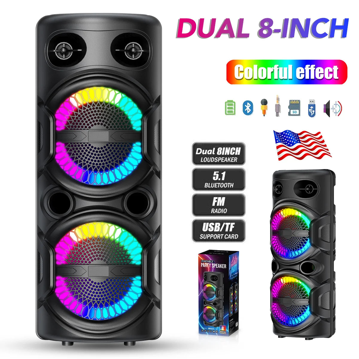 CURUK 3000W Portable Bluetooth Speaker With Dual 8 Inch Subwoofers Deep Bass RGB Lighting Party Speaker-A