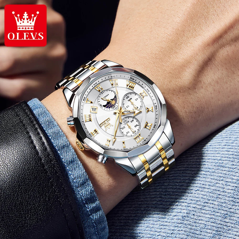 OLEVS Men's Chronograph Moonphase Watch Stainless Steel Waterproof With Quartz Movement Auto Date Full Calendar-A