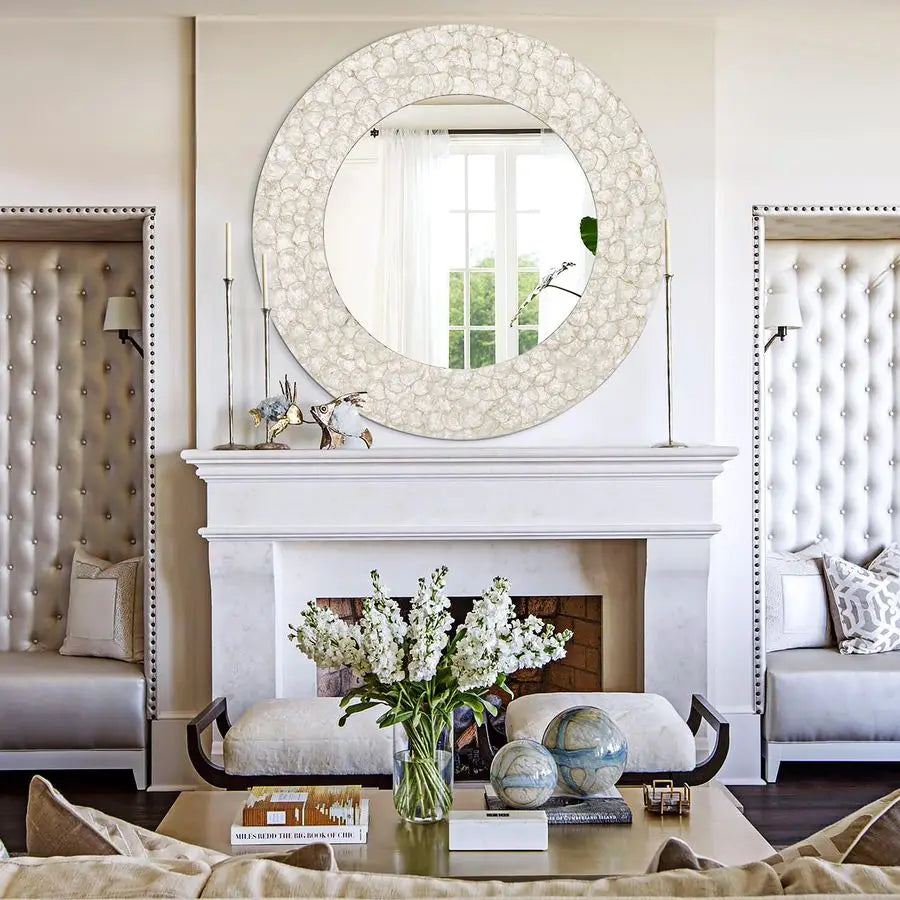 XMSJ Capiz Shell Coastal Mirror With Natural Seashell Circle Frame Handcrafted Unique Wall Mirror-A