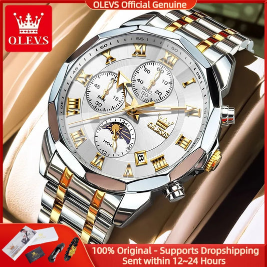 OLEVS Men's Chronograph Watch Waterproof Moonphase Stainless Steel