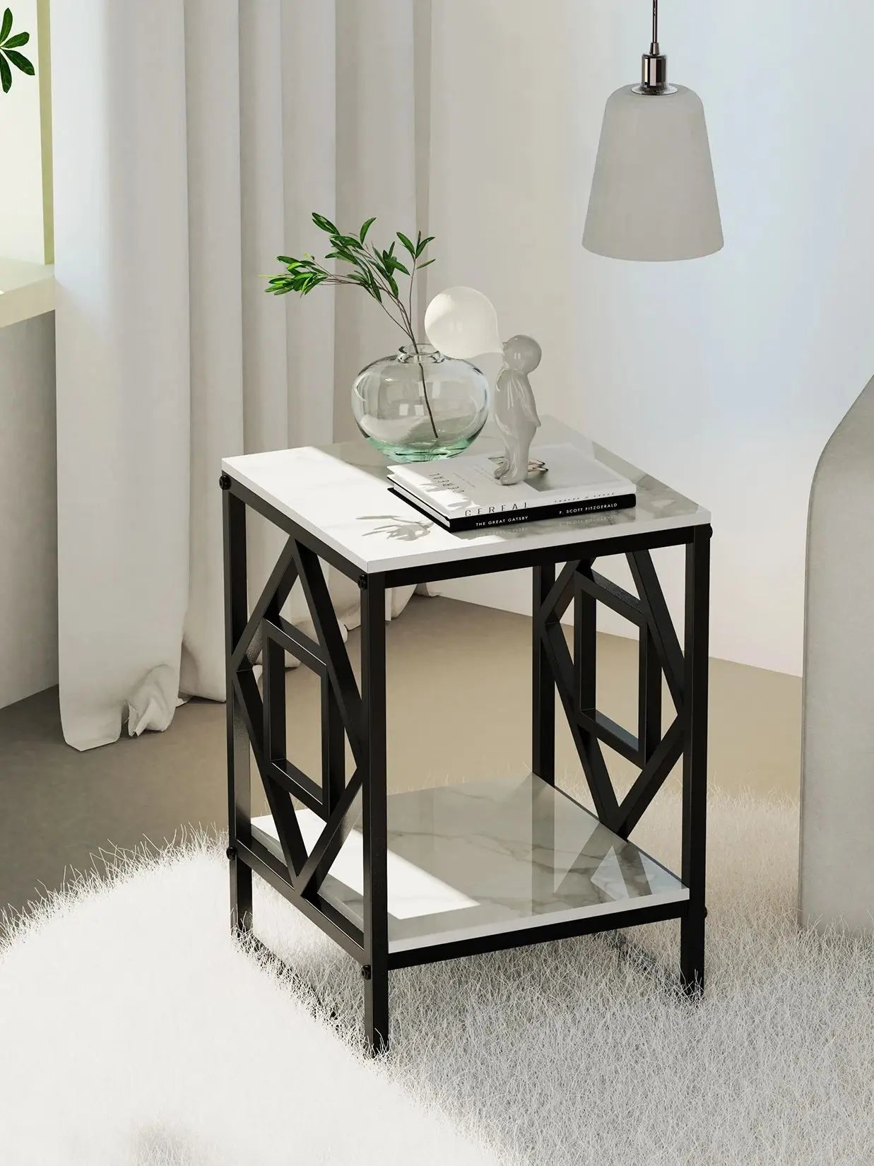 Marble Top Side Table With Square Metal Frame Two Tier Open Shelves End Table For Living Room Nordic Modern-A