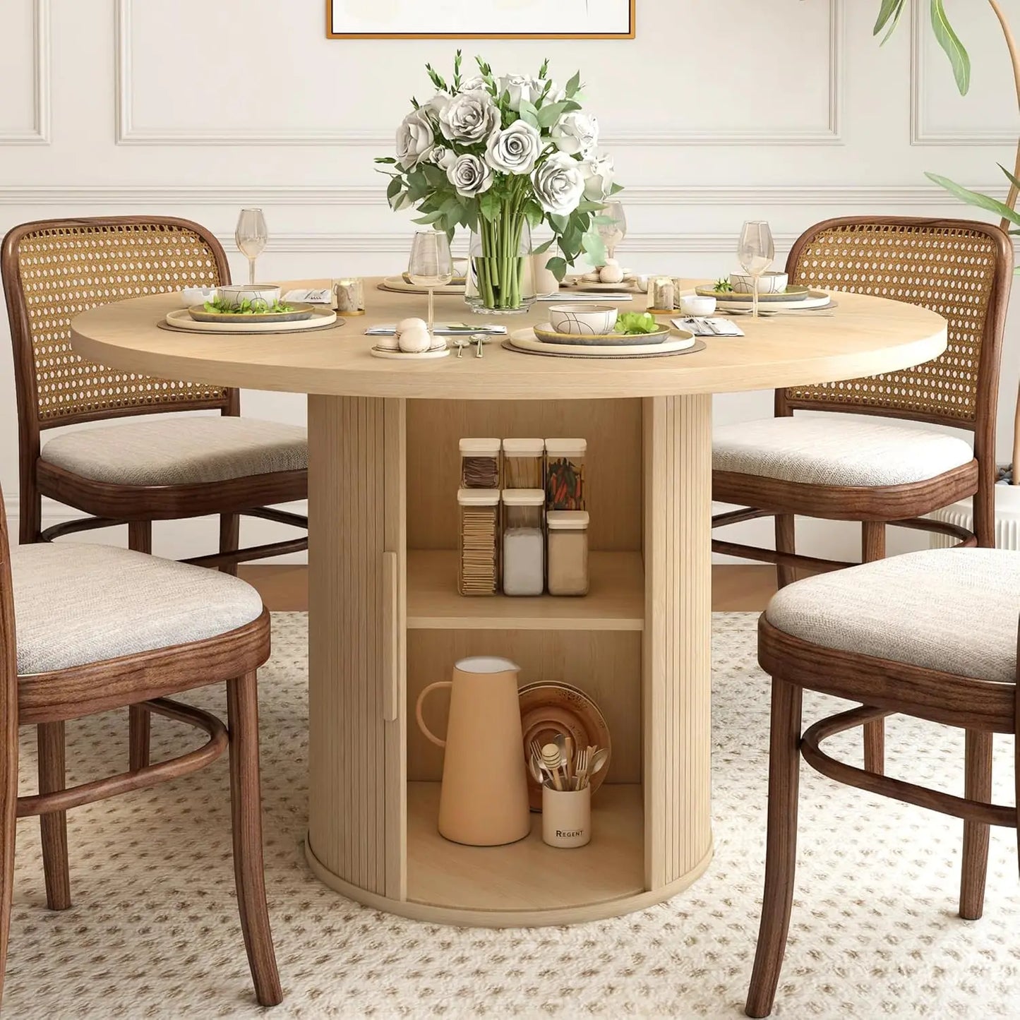 Extendable Round To Oval Dining Table With Hidden Storage Cabinet For Four To Six Guests Space Saving Modern Wood-A