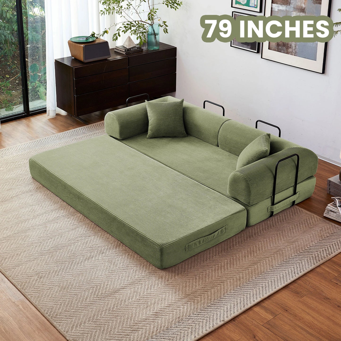 Foldable Convertible Futon Sofa Bed With L Shaped Armrests For Small Spaces Corduroy Upholstery High Density Foam-A
