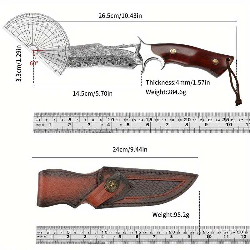 Stainless Steel Fixed Blade Knife With Wooden Handle And Leather Scabbard 14.5 cm Blade-A