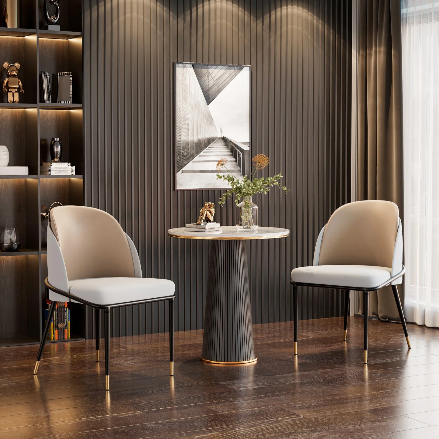 Modern Faux Leather Dining Chairs Pair With Upholstered Wood Back Curved Minimalist Two Tone Beige And Reddish Brown-A