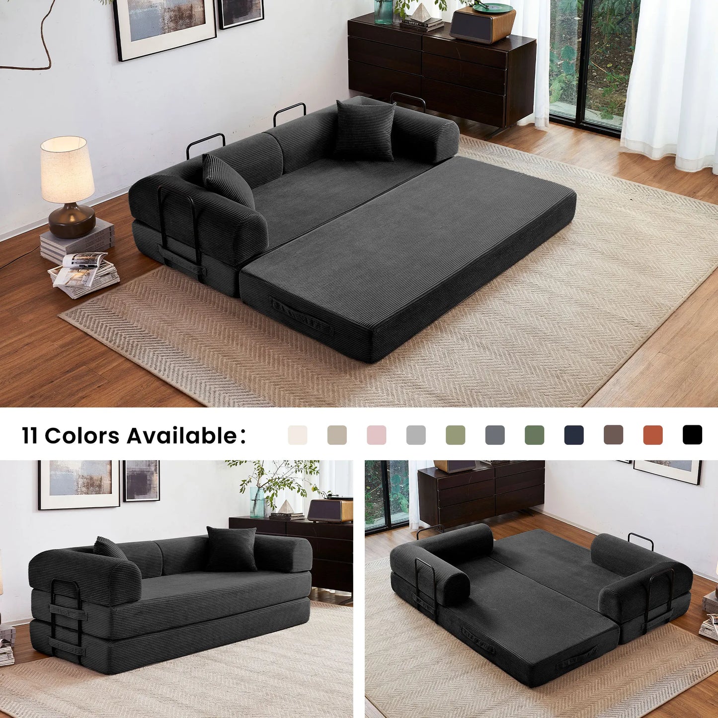 Foldable Convertible Futon Sofa Bed With L Shaped Armrests For Small Spaces Corduroy Upholstery High Density Foam-A