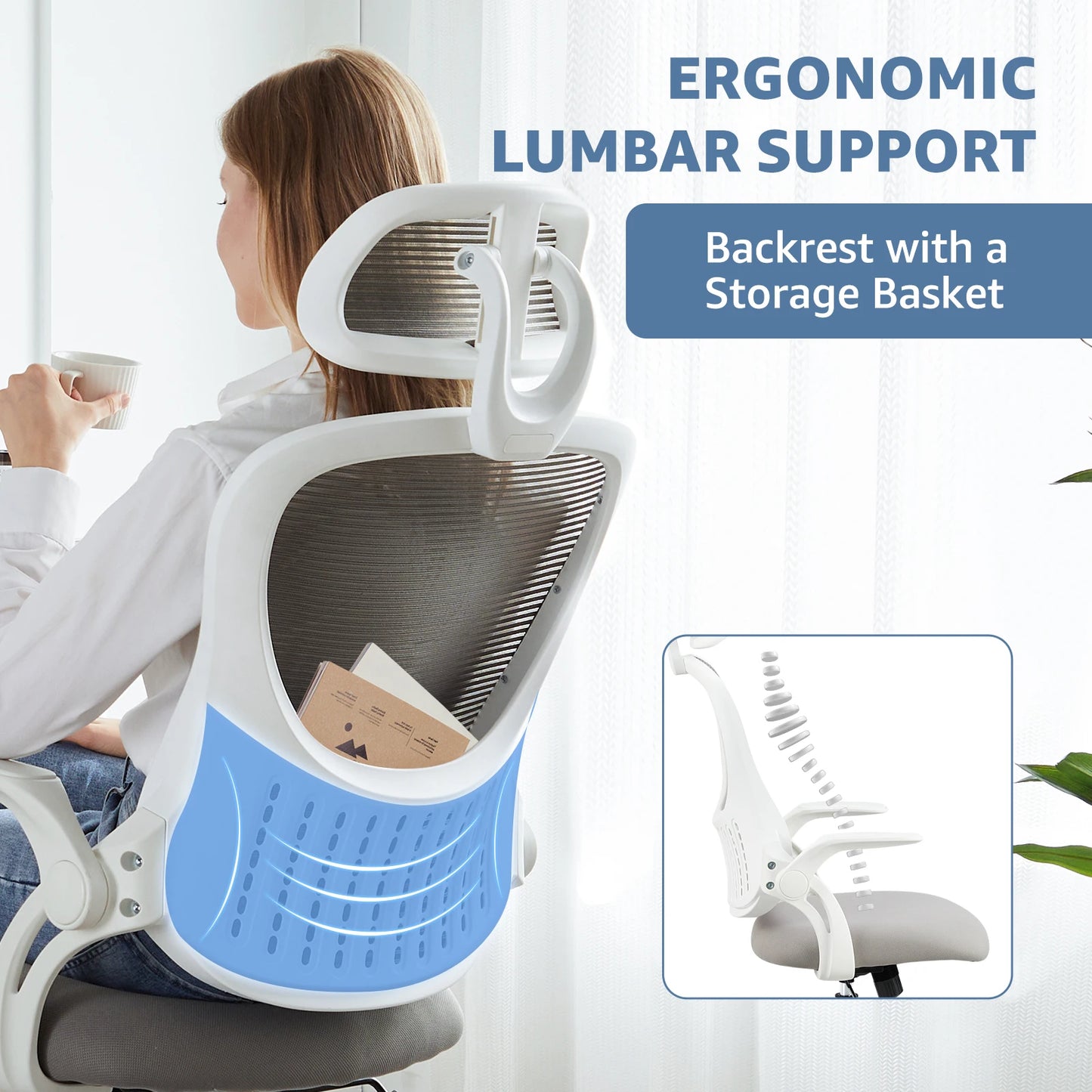 JHK Ergonomic Mesh Office Chair With Flip Up Arms And Lumbar Support For All Day Comfort-A