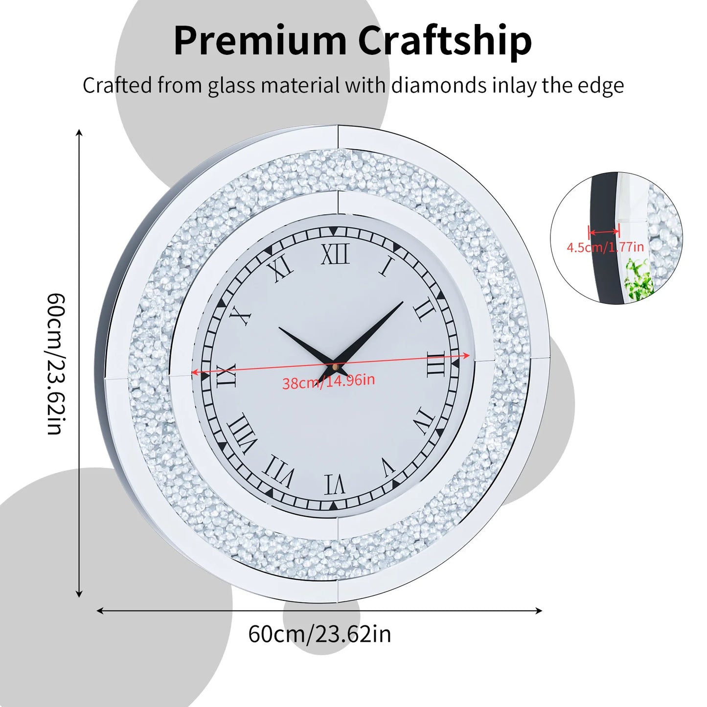 Crystal Sparkle Round Mirror Wall Clock With Beveled Edge Crushed Diamond Inlay And Roman Numerals For Living Room Decor-A