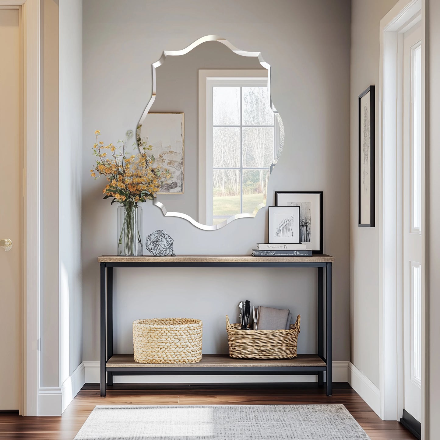 Wisfor Scalloped Frameless Wall Mirror With Beveled Edge Polished Finish For Bathroom Living Room Vanity Bedroom-A