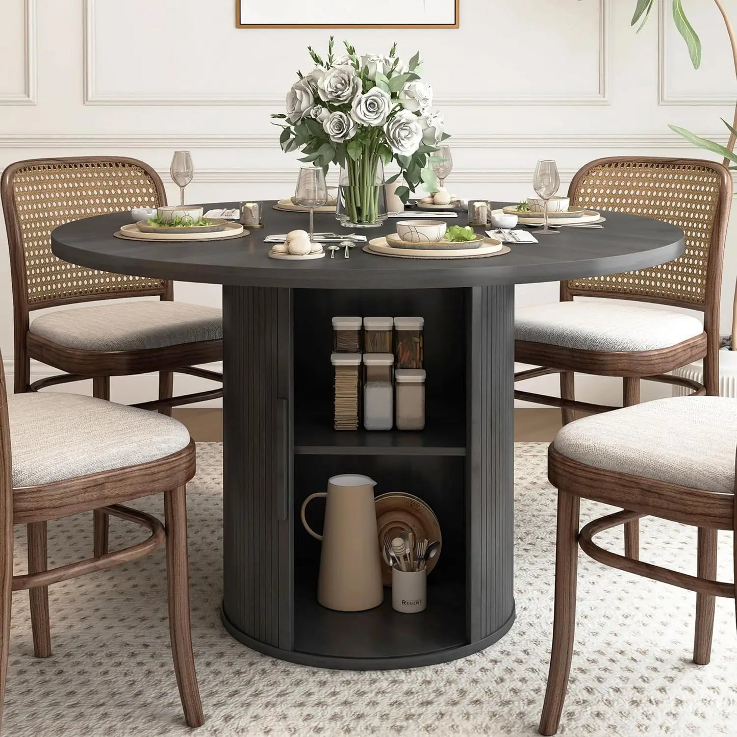 Extendable Round To Oval Dining Table With Hidden Storage Cabinet For Four To Six Guests Space Saving Modern Wood-A