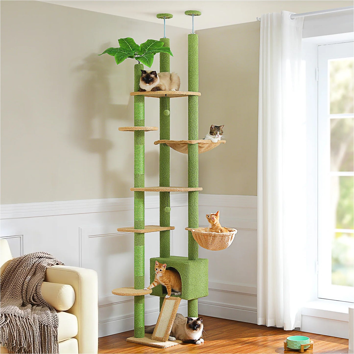 PAWZ Road Height Adjustable Wooden Cat Tree With Large Hammock For Indoor Cats And Multi Level Climbing-A