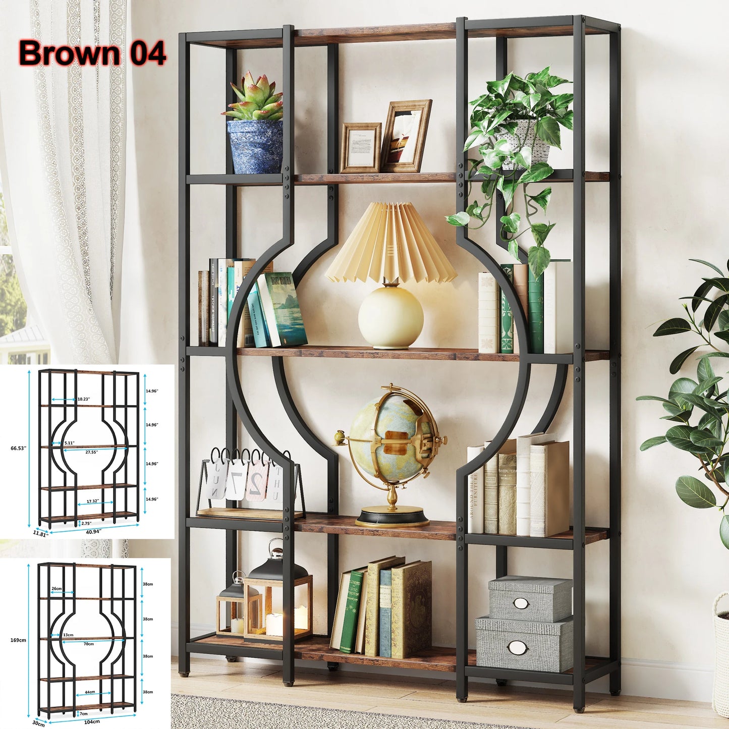 Tribesigns Industrial 5 Tier Etagere Bookcase Freestanding Shelf Black Iron Rustic Wood-A