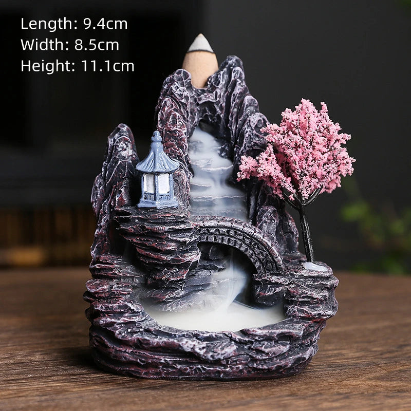 Backflow Incense Holder Resin High Mountain Waterfall Scene Zen Decor Aromatherapy Burner Art Gift-A