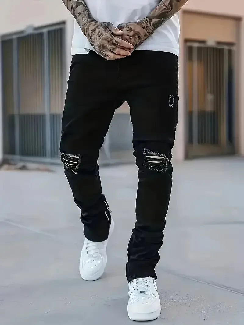 Men Slim Fit Jeans With Ripped Detail Cotton Blend Comfort Stretch Ankle Length Everyday Wear-A