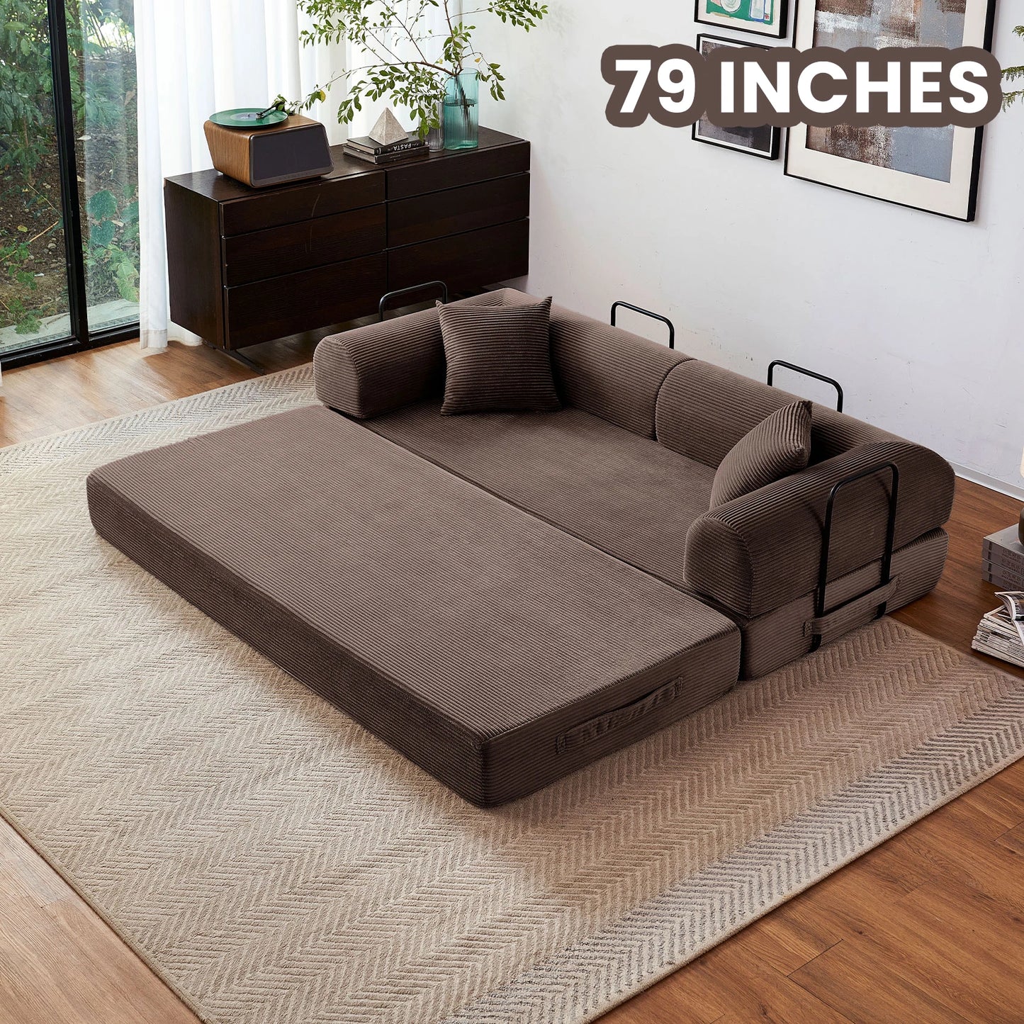 Foldable Convertible Futon Sofa Bed With L Shaped Armrests For Small Spaces Corduroy Upholstery High Density Foam-A