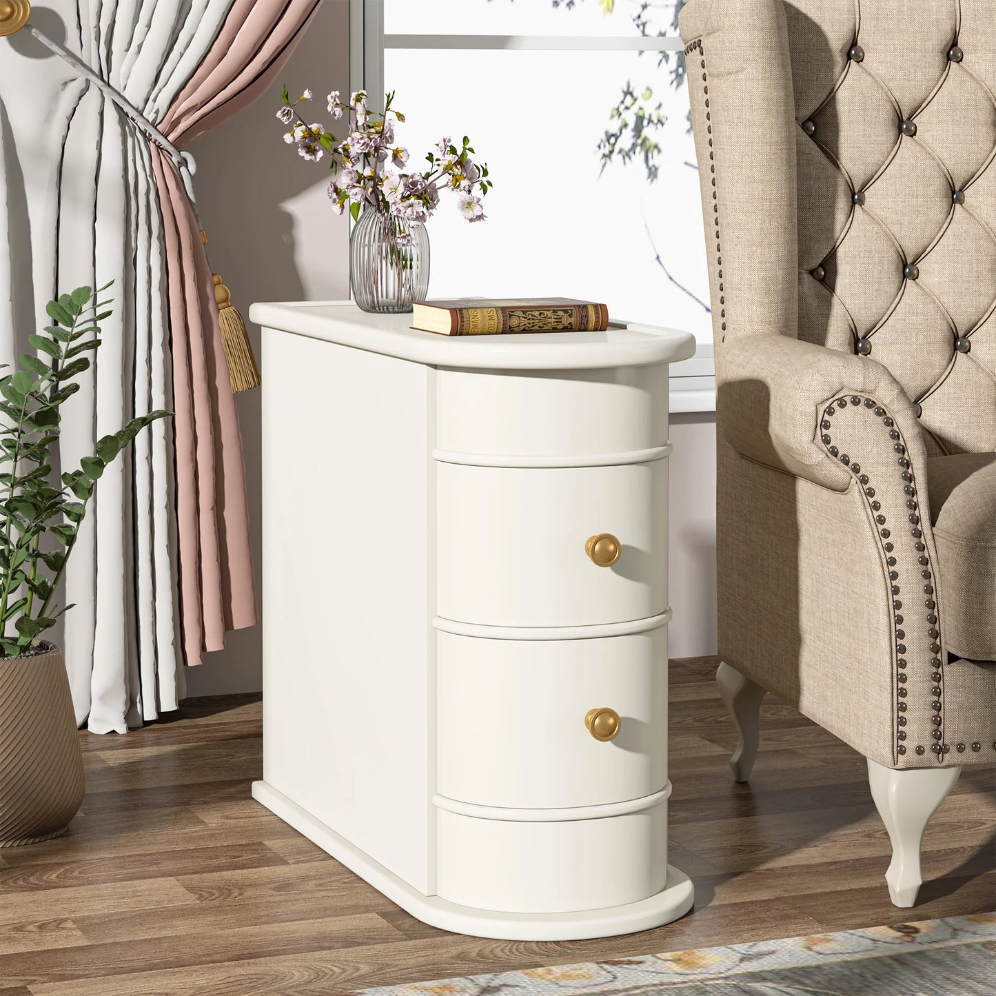 Tribesigns Round Solid Wood End Table With Two Sliding Drawers No Assembly Required Nightstand-A