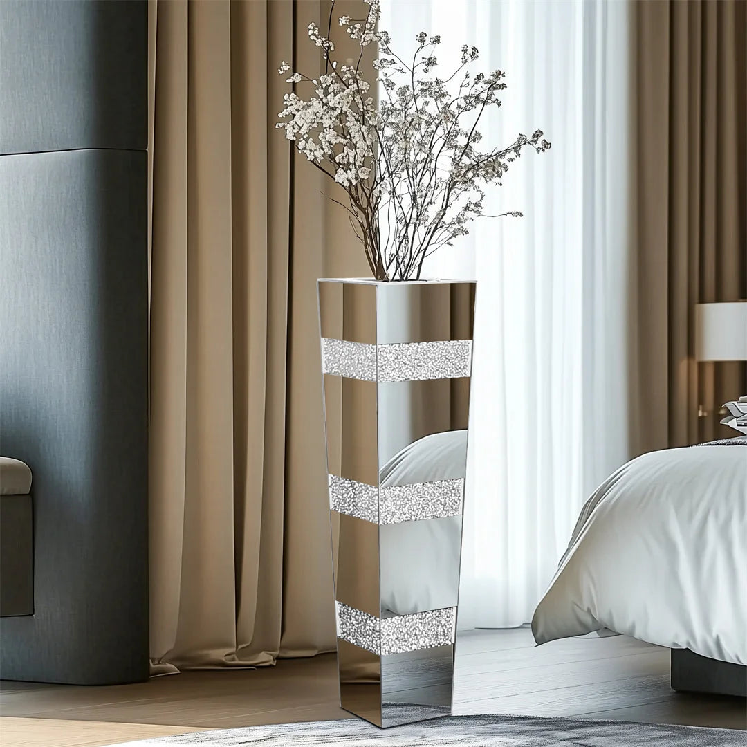 Modern Floor Vase With Crystal Glass Mirrored Stand And Two Piece Set For Elegant Floral Arrangements-A