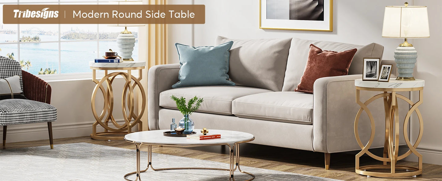 Tribesigns Modern Round End Table With Thick Faux Marble Top And Gold O Base Diameter About 19.7 Inches-A
