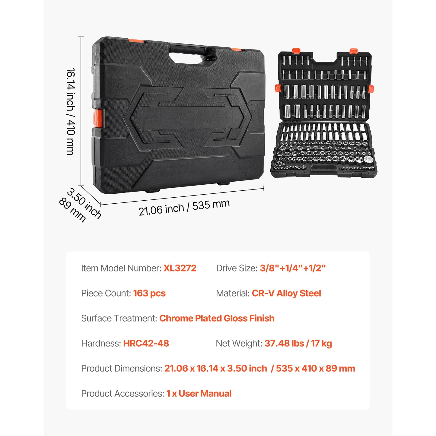 SucceBuy 86 Piece Socket Set SAE and Metric with Ratchet Wrench High Torque 6 Point CRV Alloy Steel-A