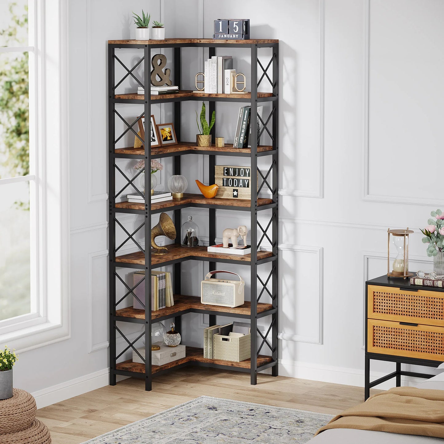Tribesigns 7 Tier Corner Bookshelf Modern Metal Frame Display Rack For Living Room And Home Office Organization-A