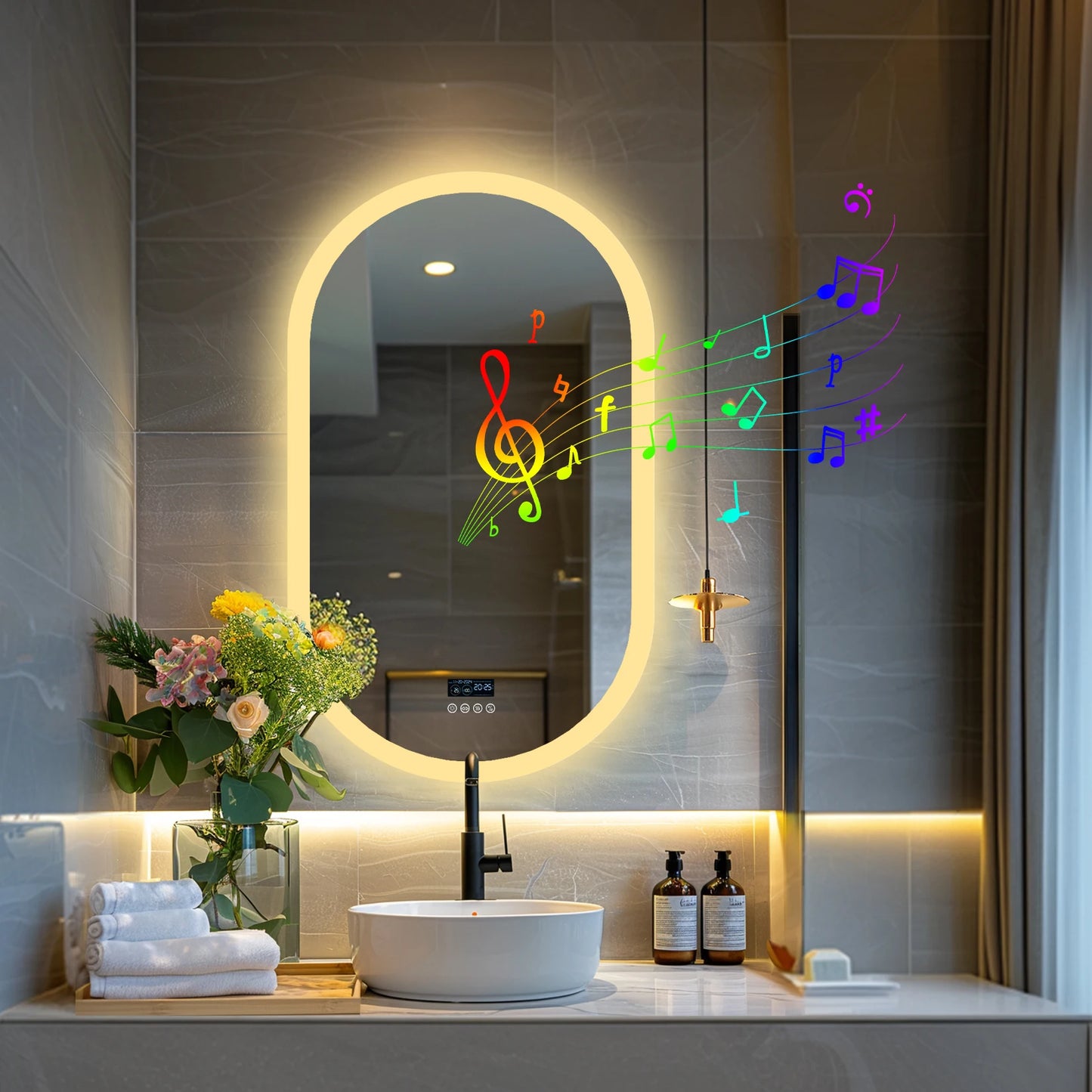 Oval LED Bathroom Mirror With Lights Anti Fog Bluetooth Speaker Dimmable 3 Color Temperature Levels Aluminum Frame-A