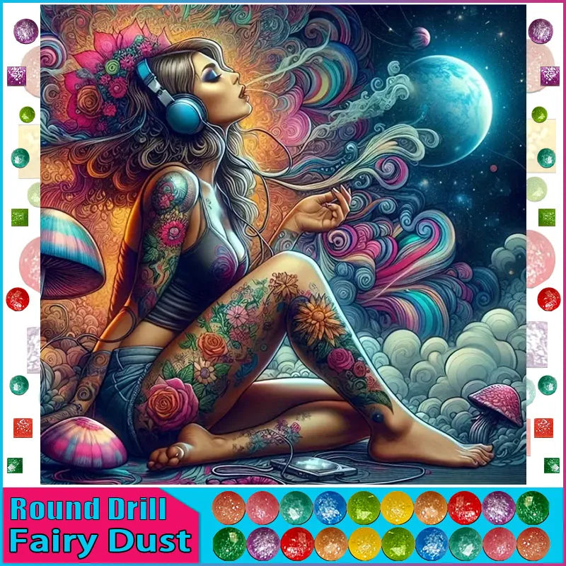 DiaPai Fairy Dust AB Diamond Painting Pattern Kit Woman Tattoo A Iridescent Wall Decor Portrait-A