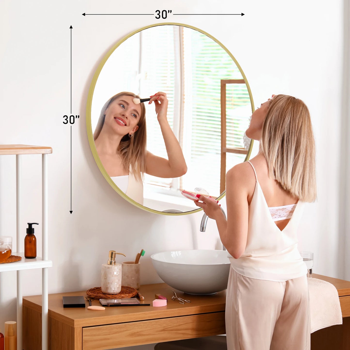 JHK Round Vanity Mirror With Matte Metal Frame Distortion Free Reflection Silver Plated Glass For Makeup And Grooming-A
