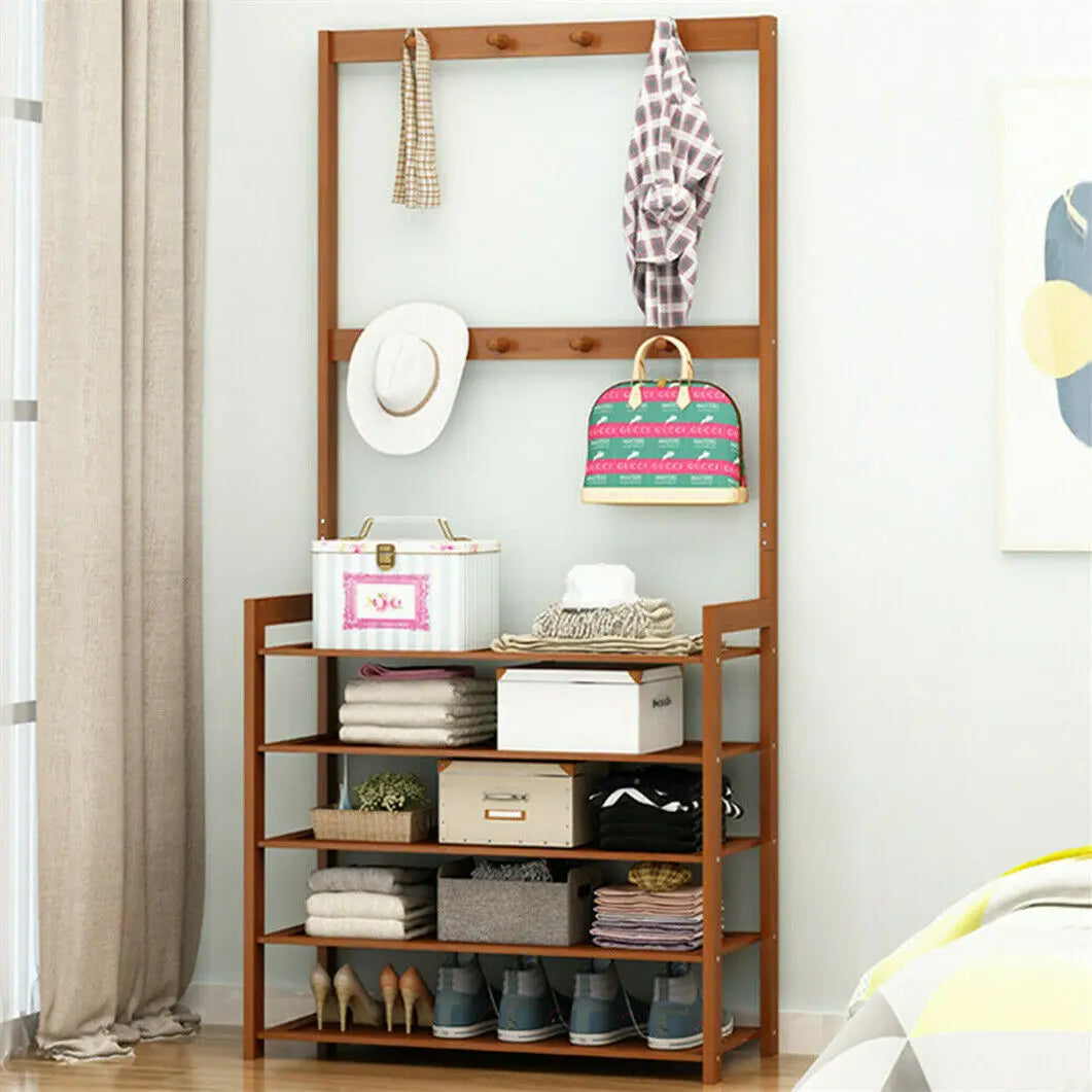 Coat Rack And Shoe Bench 3 In 1 Hall Tree With Vintage Bamboo MDF Finish For Entryway And 4 Tier Shoe Storage-A