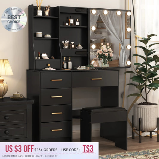 Yamissi Vanity Desk and Stool Set With Slide Mirror and LED Mirror