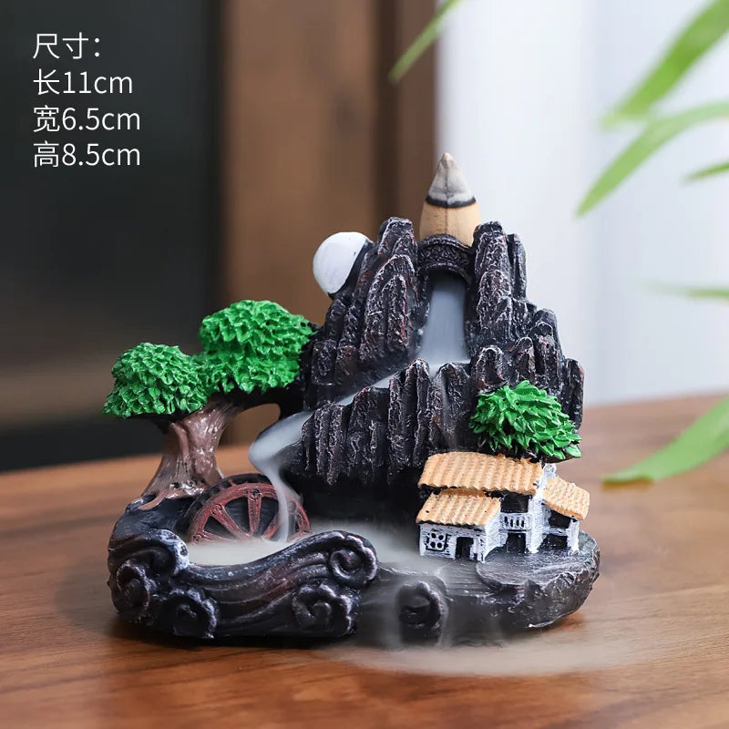 Backflow Incense Holder Resin High Mountain Waterfall Scene Zen Decor Aromatherapy Burner Art Gift-A