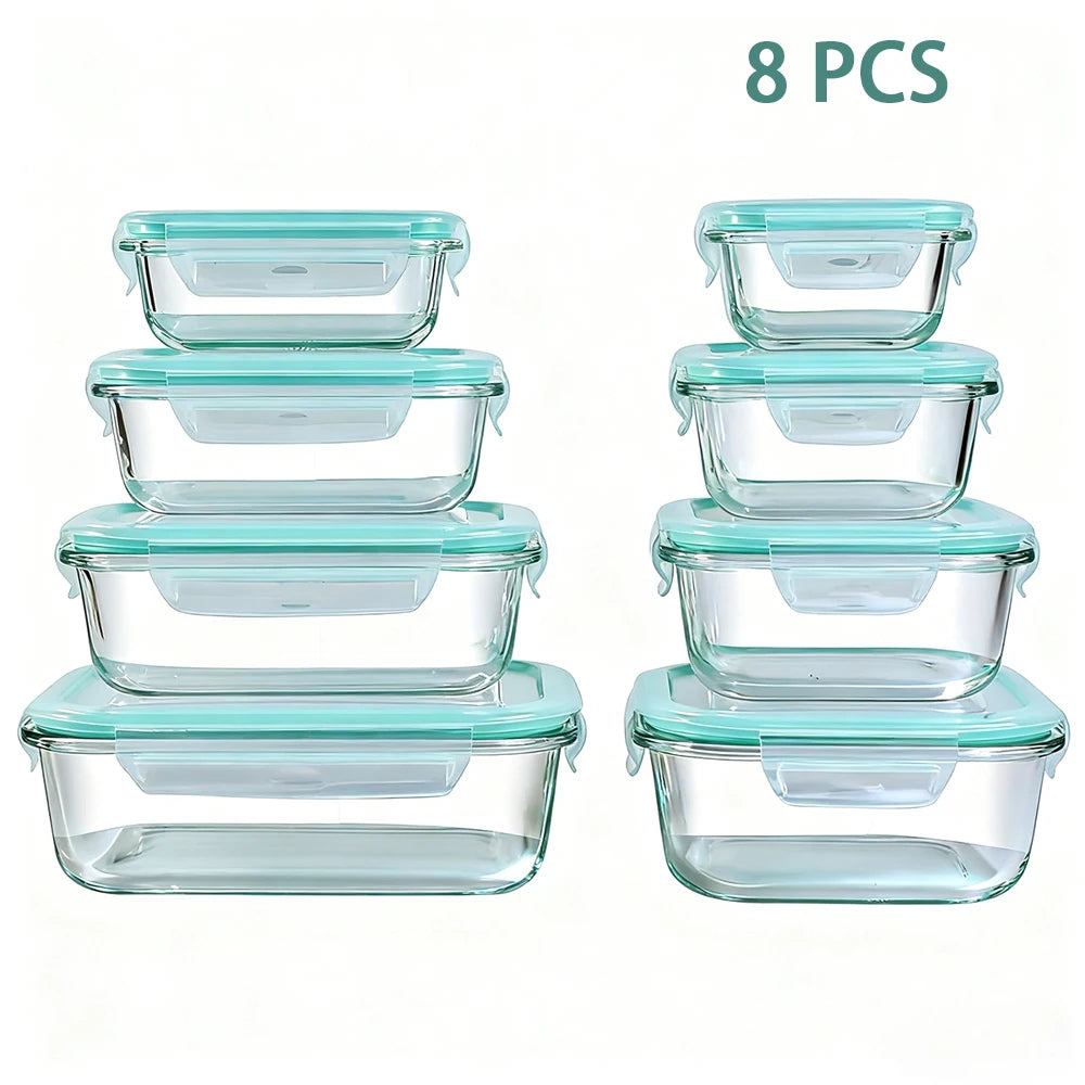 Glass Food Storage Containers Set 8 Piece Leakproof Airtight Microwave Oven Safe Borosilicate Glass-A