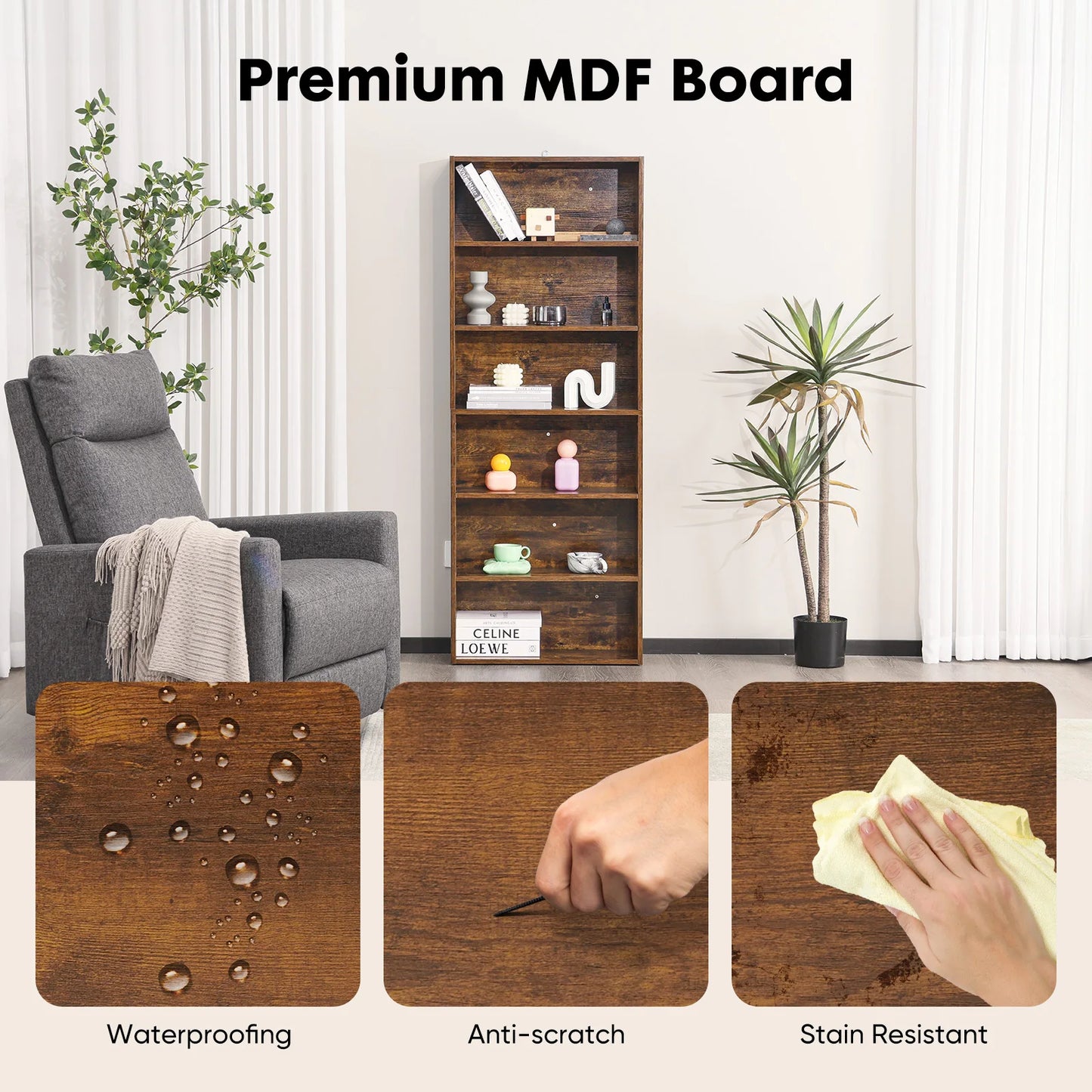 JHK 6 Tier Wooden Bookcase Floor Standing Open Shelves for Living Room and Home Office Storage-A