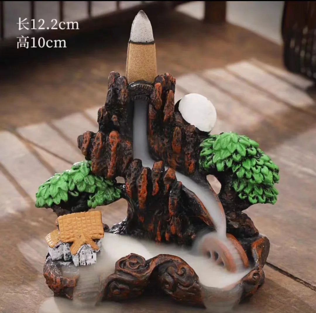 Backflow Incense Holder Resin High Mountain Waterfall Scene Zen Decor Aromatherapy Burner Art Gift-A