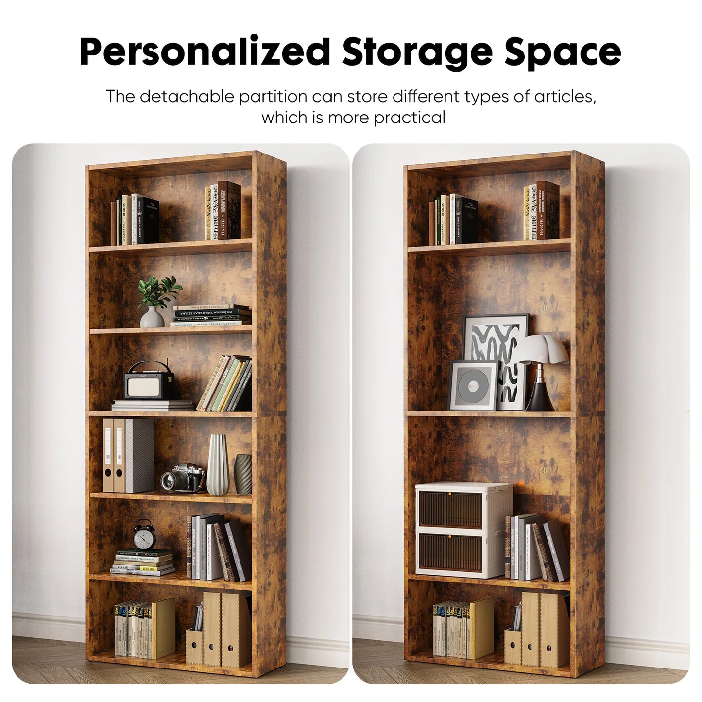 JHK 6 Tier Wooden Bookcase Floor Standing Open Shelves for Living Room and Home Office Storage-A