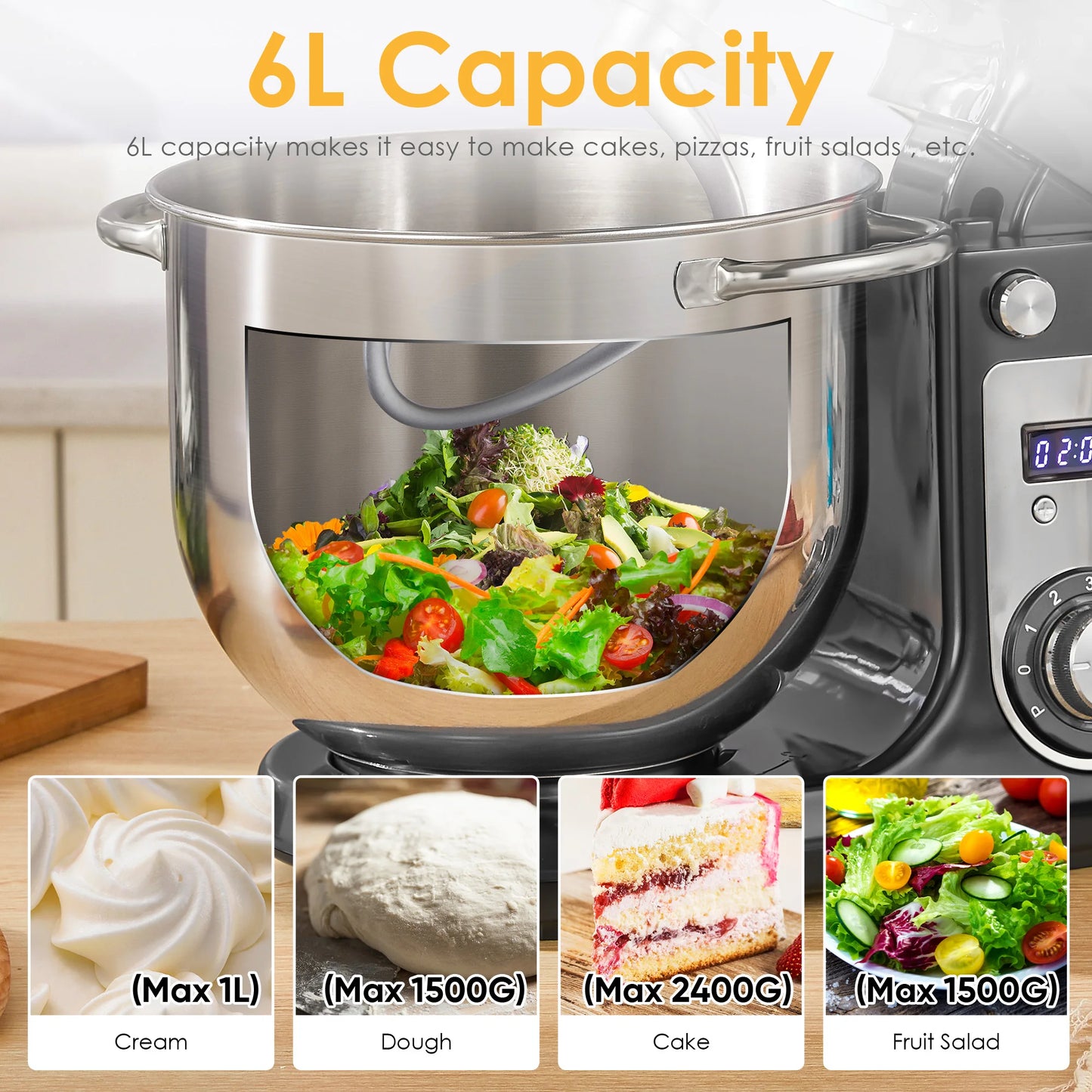 Biolomix Professional 6L Stand Mixer 1200W Copper DC Motor With 6 Speeds And Pulse-A