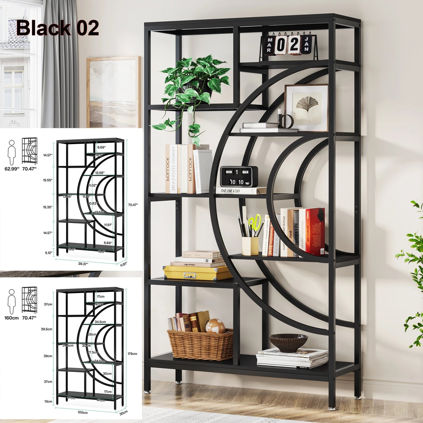 Tribesigns Industrial 5 Tier Etagere Bookcase Freestanding Shelf Black Iron Rustic Wood-A