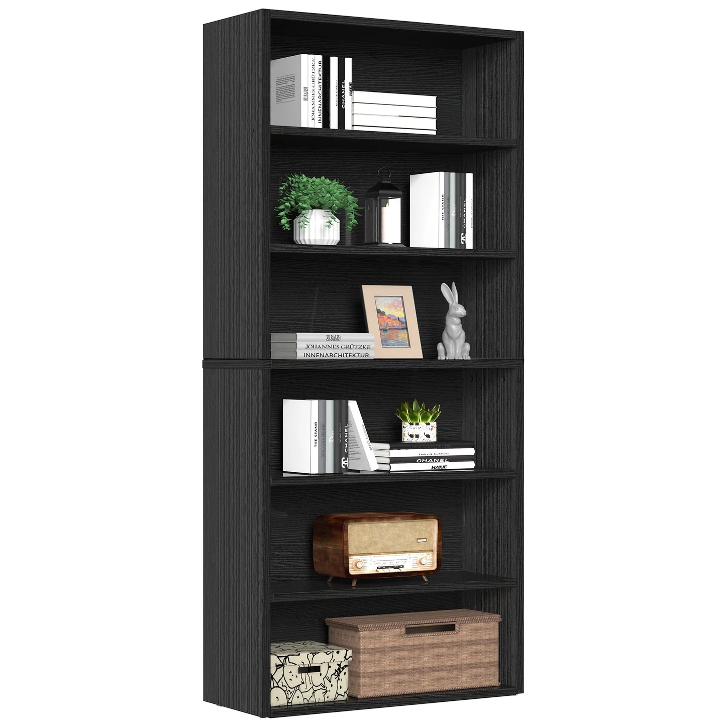 MCQ Wooden Bookcase With Open Shelves And Display Storage Six Shelf Unit For Books Photos And Collectibles-A